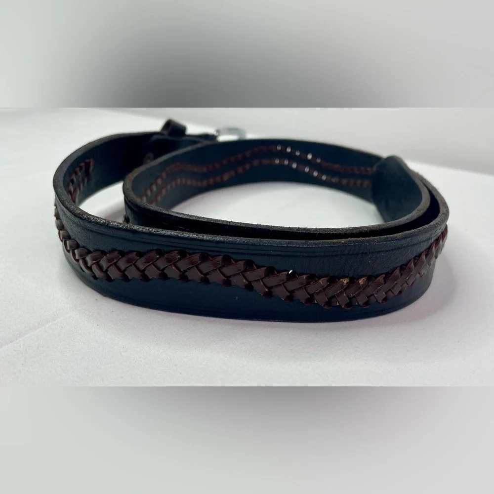 Black and Brown Braided Leather Belt Silver Buckle